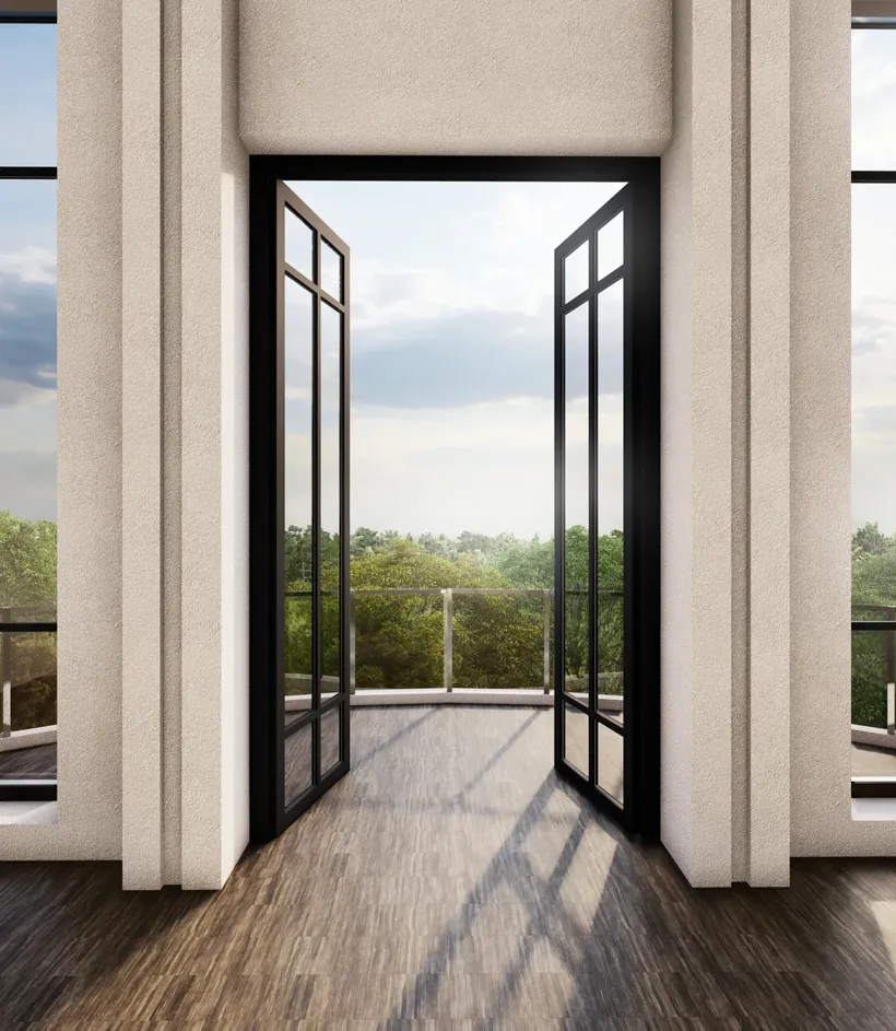 Tall aluminum French doors opening to a terrace